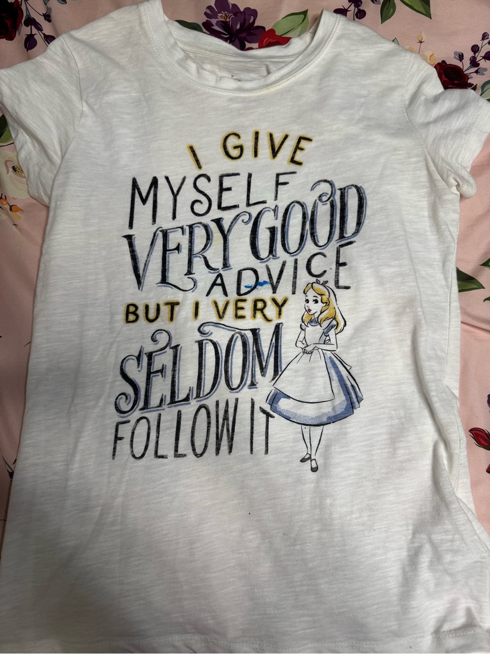 Disney Girls White Tee with Blue & Gold Alice Graphic